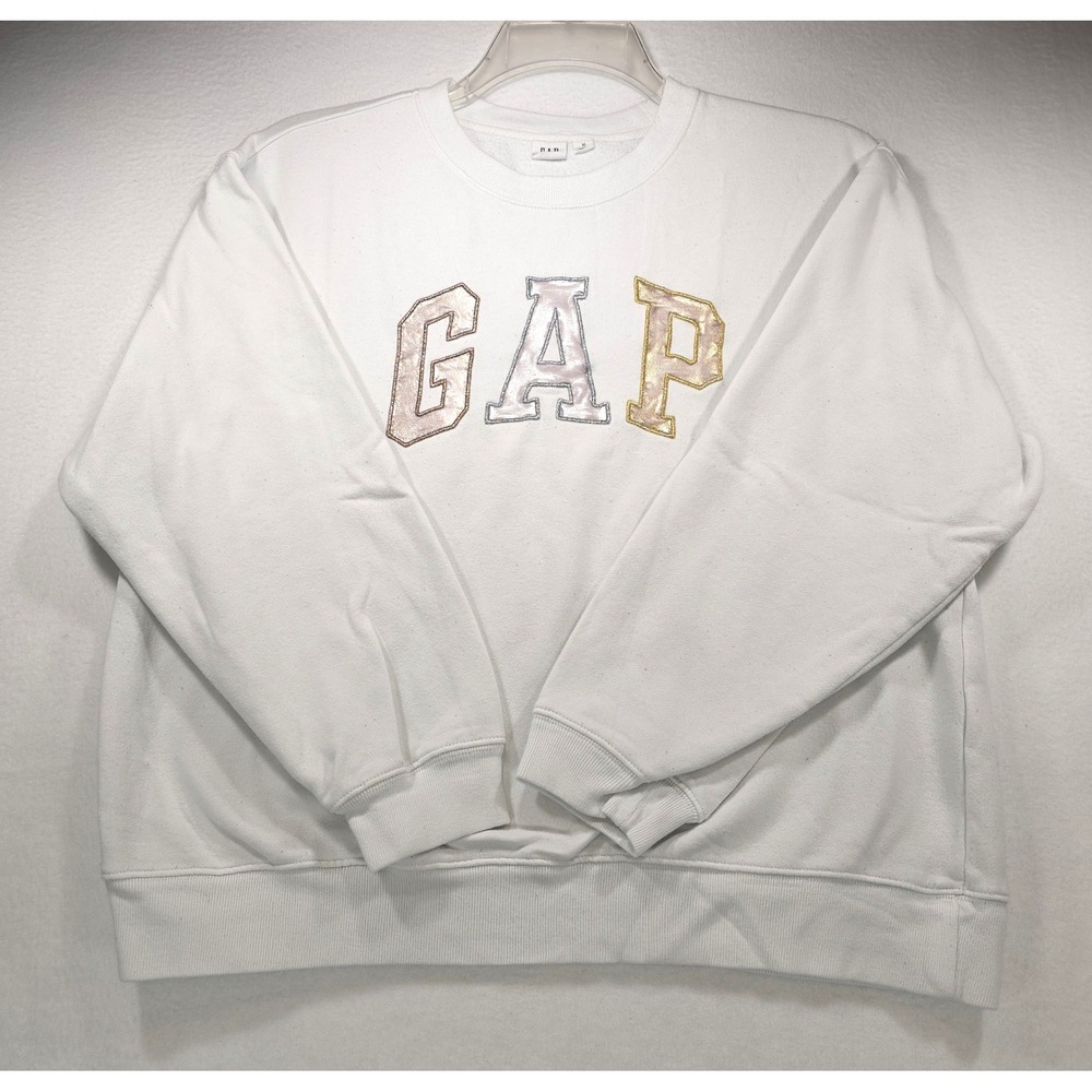 Gap Women White Crewneck Sweatshirt Iridescent‎ Metallic Logo Fleece Medium